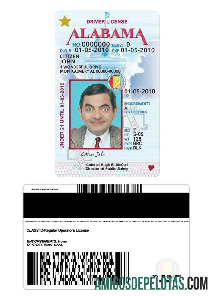 Carta de condução do Alabama nos EUA com menos de 21 anos modelo